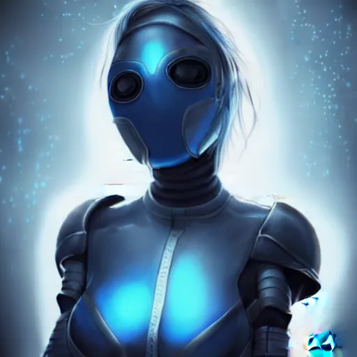 Image similar to An hyperrealistic portrait painting of a cyber warrrior girl, no face mask, blue and ice silver color armor, ultradetailed face expression by WLOP and Nixeu, cyberpunk color feel raining at tokyo midnight rooftop, unreal 5, DAZ, 8k, hyperrealistic, octane render, cosplay, RPG portrait, final fantasy artwork concept, dramatic lighting, rim lights, PS5 render quality