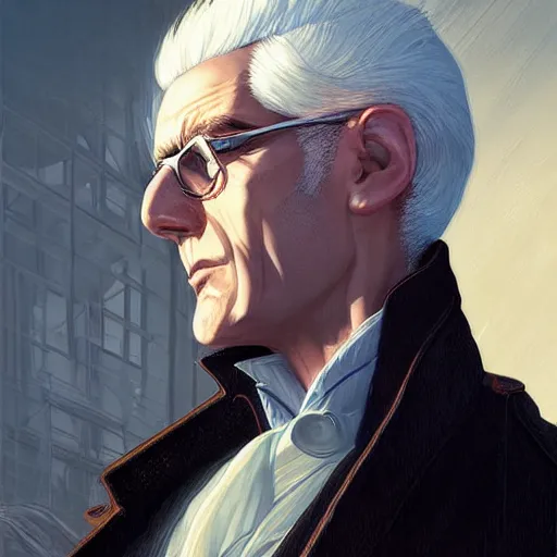 Image similar to man with white hair profile, dark circles, tired, unreal engine, intricate, highly detailed, digital art, digital paiting, overcoat art by JC Leyendecker and sachin teng