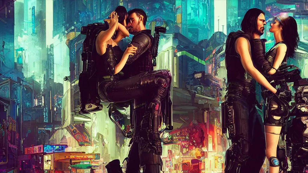 Prompt: a cyberpunk 2077 srcreenshot wedding couple portrait of a Keanu Reeves and a female android final kiss,love,film lighting,by Laurie Greasley,Lawrence Alma-Tadema,Andrei Riabovitchev,Dan Mumford,John Wick,Speed,Replicas,artstation,deviantart,FAN ART,full of color,Digital painting,face enhance,highly detailed,8K,octane,golden ratio,cinematic lighting