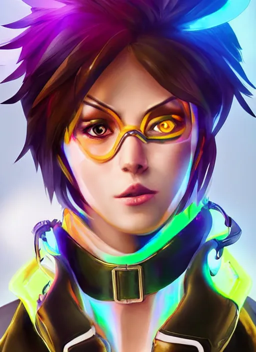 Image similar to portrait bust digital artwork of tracer overwatch, wearing iridescent rainbow latex and leather straps catsuit outfit, makeup, in style of mark arian, angel wings, wearing detailed leather collar, chains, black leather harness, detailed face and eyes,