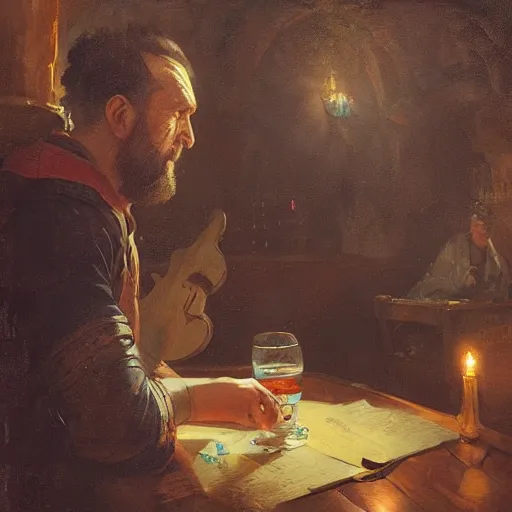 Prompt: 'portrait of a bard drinking in a tavern, art by Greg Rutkowski, 4k'