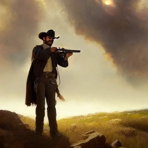 Prompt: a dramatic epic ethereal portrait of a cowboy firing his revolver while yelling, full body with dynamic pose, during archetypical Old West period, 19th century, male, detailed face, cinematic lighting, highly detailed oil on canvas painting by Greg Rutkowski, winning-award digital art trending on Artstation H 1024 W 832
