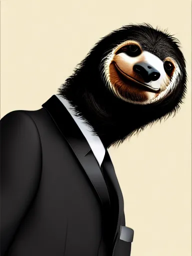 Image similar to portrait of anthropomorphic sloth in formalwear : : debonair, gq, noir, fashion, style : : digital art, concept art, digital illustration, photorealism, hyperreal