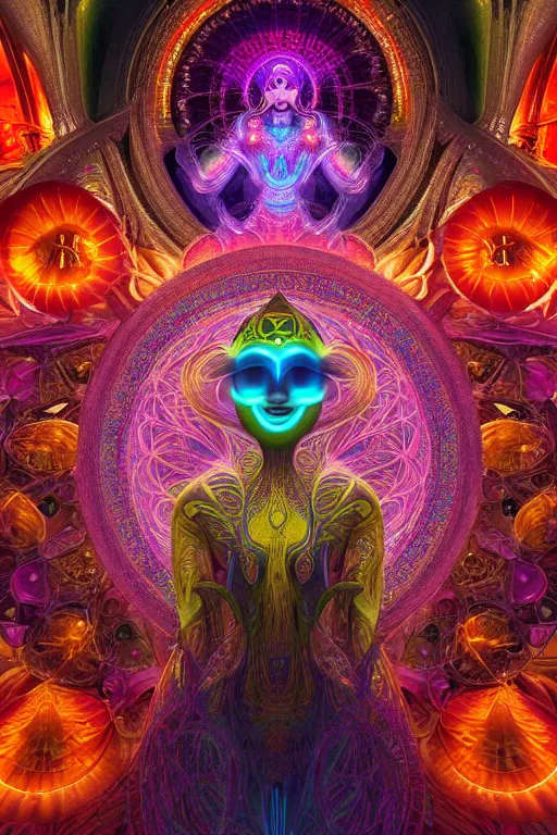 Prompt: a centered render of an alluring goddess wearing a psychedelic bio - mech mask is surrounded by a glorious sacred energy made from geometry and spiral mandel bulb fractals in a magnificent cathedral, powerful, cinematic, beautifully lit, by android jones, by amanda sage, by karol bak, 3 d, trending on artstation, octane render, 8 k