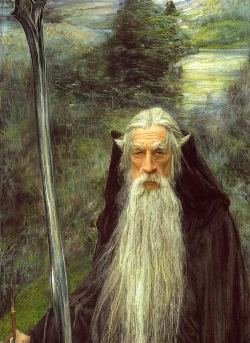 Prompt: a beautiful painting of gandalf by John Everett Millais and Dante Gabriel Rossetti and John Collier and john william waterhouse, pre-raphaelite, detailed, trending on artstation, hd, masterpiece