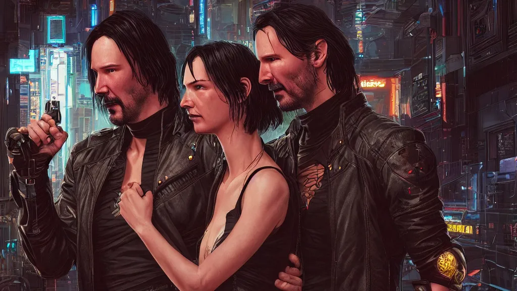 Image similar to a cyberpunk 2077 srcreenshot couple portrait of Keanu Reeves&female android in final kiss,love,film lighting,by Laurie Greasley,Lawrence Alma-Tadema,Dan Mumford,John Wick,Speed,Replicas,artstation,deviantart,FAN ART,full of color,Digital painting,face enhance,highly detailed,8K,octane,golden ratio,cinematic lighting