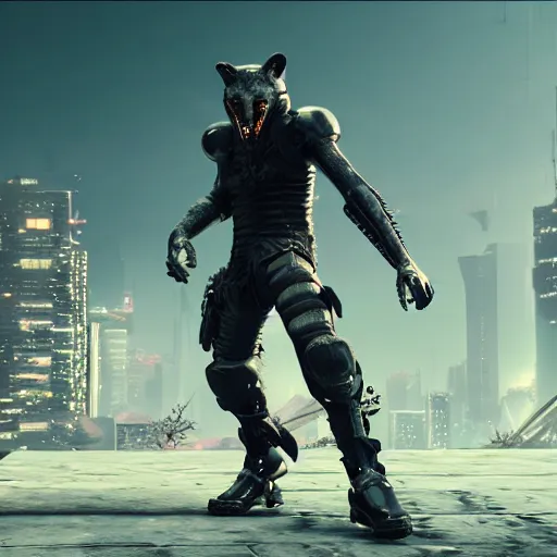 Image similar to cyberpunk wolfman holding a katana and jumping into action, tactical armor, action scene screenshot, unreal engine, high quality gloss art