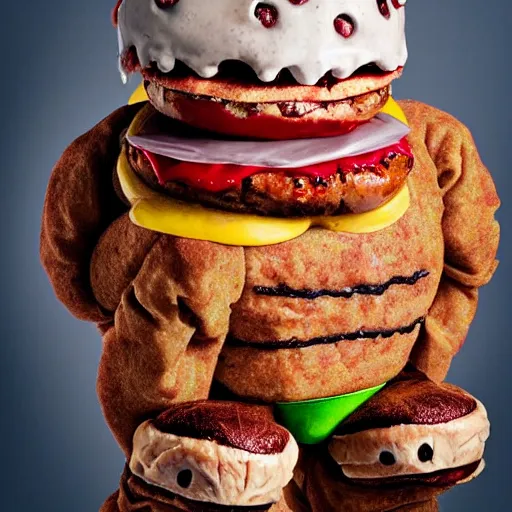 Image similar to a humanoid bipedal upright zombie that strongly resembles a hamburger, professional food photography