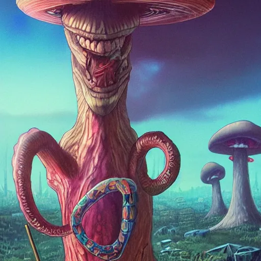 Image similar to A centered chest up portrait of a psychedelic demonic anthropomorphic snake smoking a hand-rolled cigarette smoking heavily , magic mushroom village in background , award winning. superb resolution. in the art style of junji Ito and greg rutkowski . Detailed Mushroom city in background. Hyper realistic anime. Perfect art. Dalle2