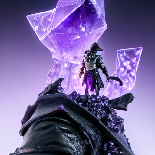 Prompt: Abyss Watcher, Purple Crystals, Mystic Creature, Light fog, purple glowing complex crystal head, black sword with purple flames, raytracing, 40nm lens, shallow depth of field, split lighting, 4k,