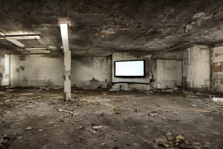 Image similar to abandoned industrial basement illuminated by a stack of CRT televisions, sinister