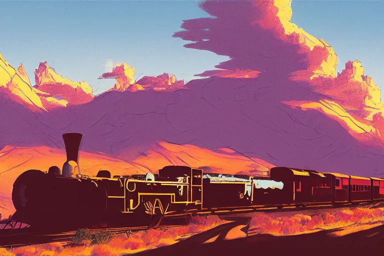 Image similar to idyllic old western train station illustration by syd mead, artstation, 4 k, graphic novel, concept art, matte painting, steam engine spewing billowy clouds of steam, beautiful mountain desert sunset background, golden hour