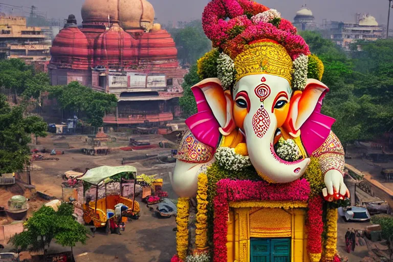 Prompt: beautiful biomorphic new delhi, ganesha!! building, kalighat flowers, octane highly detailed cinematic, stephen shore & john j. park, soft morning light, wide shot, aerial shot, uhd 8 k, shallow depth of field