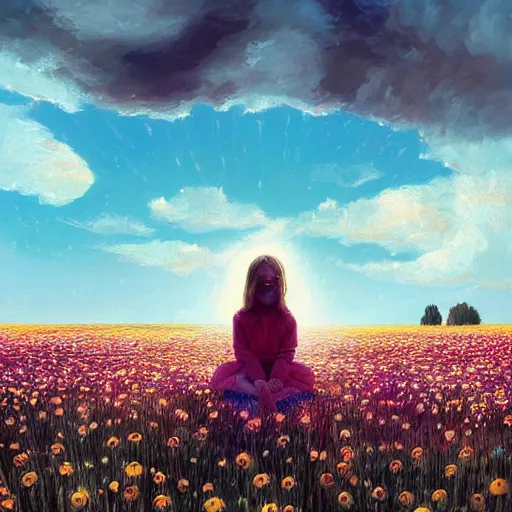 Image similar to giant daisy flower head, girl sitting in a flower field, surreal photography, sunrise, dramatic light, impressionist painting, colorful clouds, digital painting, artstation, simon stalenhag