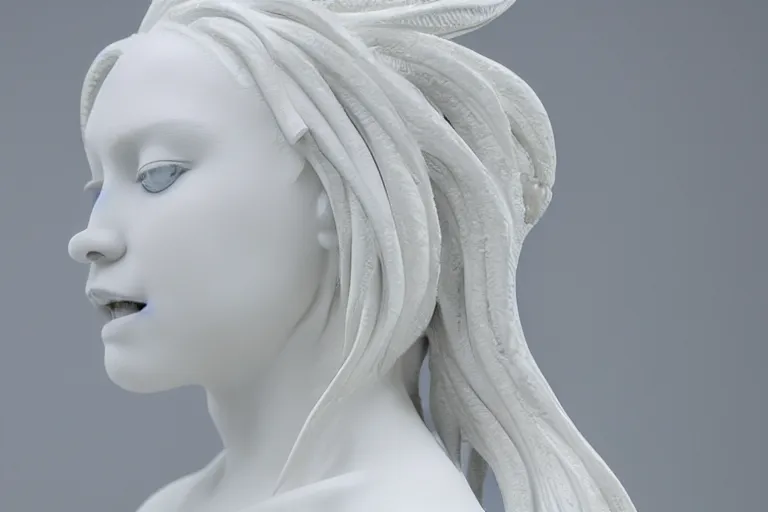 Prompt: full head and shoulders, beautiful female porcelain sculpture by daniel arsham and raoul marks, smooth, all white features on a white background, delicate facial features, white eyes, white lashes, detailed white, lots of 3 d giant lillies in long massive flowing hair