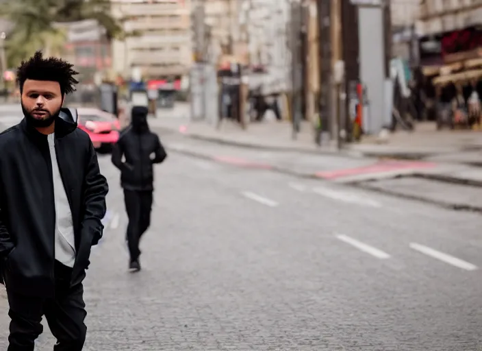 Prompt: dslr photo still of the weeknd on a monday, 8 k, 8 5 mm f 1. 8