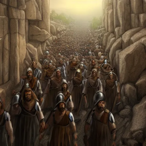 Prompt: Matte painting of a row of men in Biblical outfits marching in front of the walls of Jericho. People are standing on the walls looking down at them. sunrise, epic, cinematic lighting, detailed digital art trending in artstation