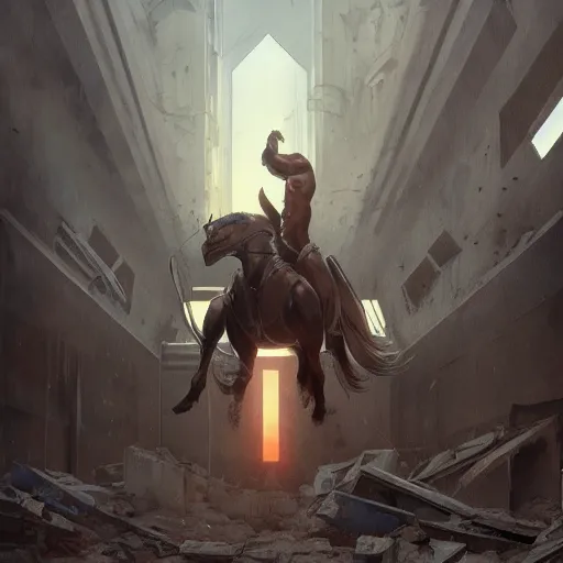 Prompt: a hyper - muscular anthro horse wearing a tactical bodysuit standing in the ruins of a facility, equine, hulking body, dynamic pose, highly detailed, digital painting, artstation, concept art, illustration by artgerm, greg rutkowski, makoto shinkai