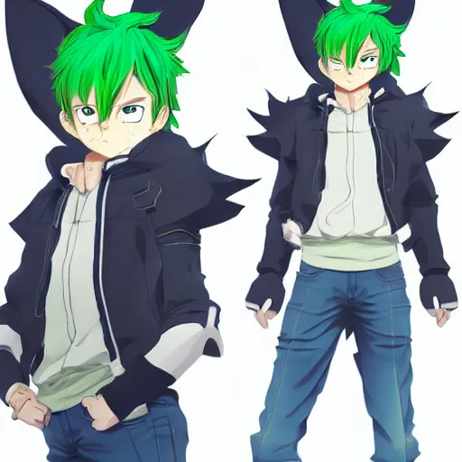 Image similar to a cute anthropomorphic anime boy with big squirrel ears, and a bushy tail and green hair. he wears a baggie blue hoodie. in the style of black clover. award winning video game character concept art. unreal engine octane render dramatic lighting dof