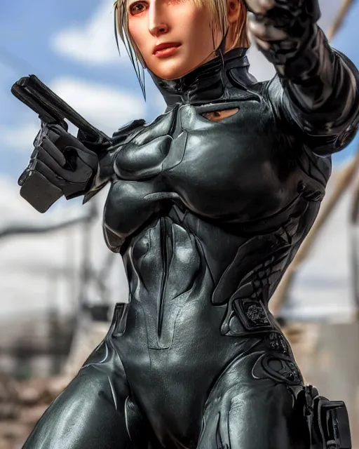 Image similar to Beautiful close highly detailed portrait of Meryl Silverburgh from Metal Gear Solid in her iconic signature main outfit. Award-winning photography. XF IQ4, 150MP, 50mm, f/1.4, ISO 200, 1/160s, natural light, rule of thirds, symmetrical balance, depth layering, polarizing filter, Sense of Depth, AI enhanced