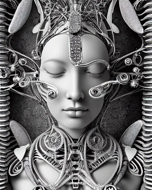 Image similar to mythical black and white organic bio-mechanical spinal ribbed profile face portrait detail of silver mechanical beautiful female angelic-queen-vegetal-cyborg, highly detailed, intricate steampunk flower and diamonds and gemstones ornate, poetic, 3D render, digital art, octane render, 8K artistic photography, photo-realistic, by Dora Maar