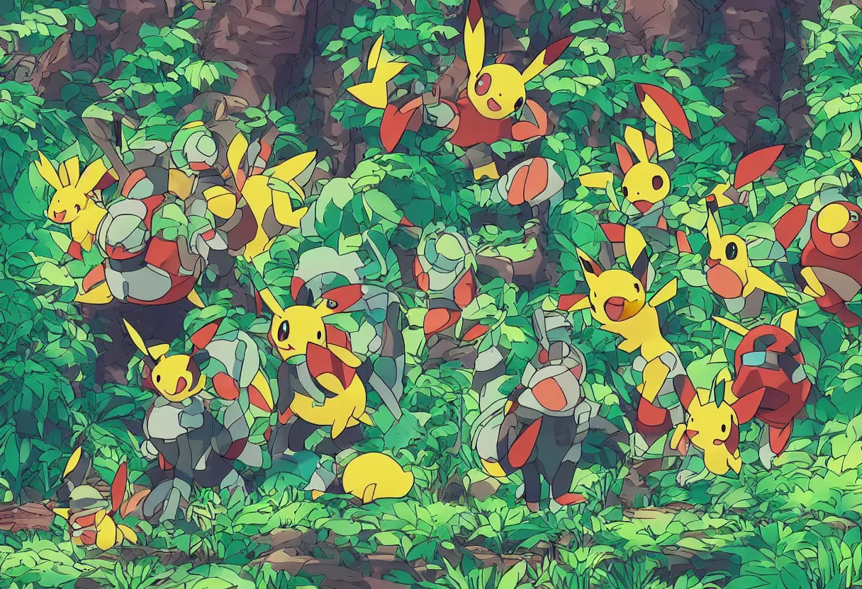 Prompt: colorful pokemon that looks like a military tank, lush jungle scene, post apocalyptic, shot on film, art by studio ghibli