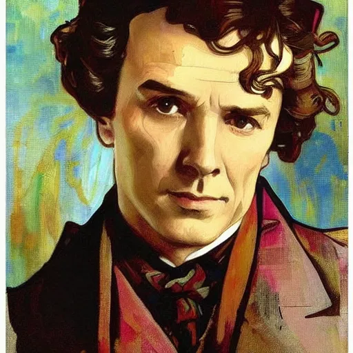 Image similar to sherlock holmes, modern, brush strokes, oil painting, alphonse mucha