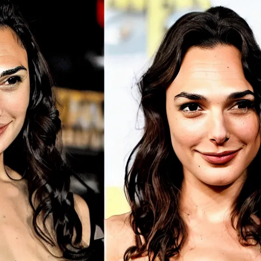 Image similar to two halves of a cat, gal gadot.