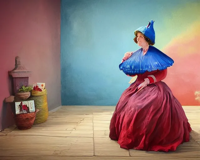 Image similar to an innocent and beautiful scene in hyper realistic style, about an old and lonely woman painting a huge colorful fish on the wall, and modeling a victorian dress. a huge and colorful fish sits on her head. 4 k. wide angle. wild. red mouth, blue eyes. deep focus, lovely scene. ambient occlusion render. unreal engine.