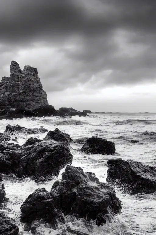 Prompt: a stormy sea shore with brutalist giant rocks, grey tones, 8k resolution, dramatic sky, 3D, depth of field
