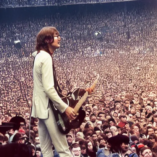 Image similar to john lennon playing a red gutair on stage while thousands of fans cheer, hd, epic, wide angle shot