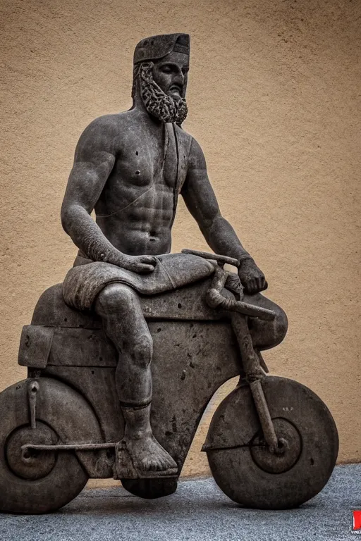 Image similar to photo of the ancient statue of biker on the ancient bike, symmetrical, cinematic, real dlsr photography, sharp focus, 4 k, ultra hd, sense of awe, archeology journal cover