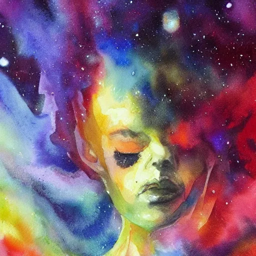 Prompt: screaming in space. watercolor. dramatic. amazing painting. formal. beautiful. high resolution. highly realistic. close - up. trending on artstation