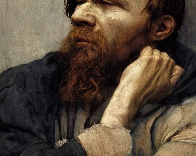 Image similar to a close up of dostoyevsky as an exhausted painter in his studio by edgar maxence and caravaggio and michael whelan, intricate painting, hyper realistic, extremely detailed and beautiful aesthetic face, 8 k resolution