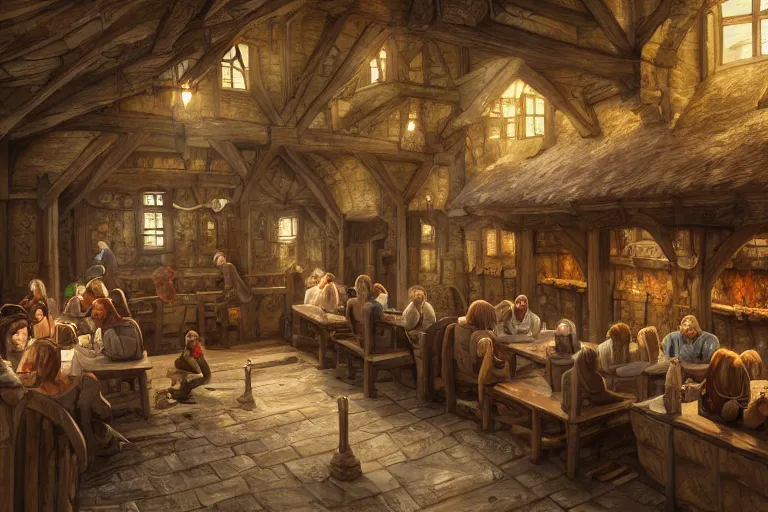 Image similar to A medieval tavern, texture, intricate, details, highly detailed, masterpiece, architecture, building, trending on artstation, focus, sharp focus, concept art, digital painting, fantasy, sunny, day, midday