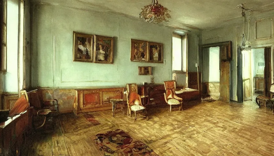 Image similar to detailed interior of a soviet apartment, by Ilya Repin