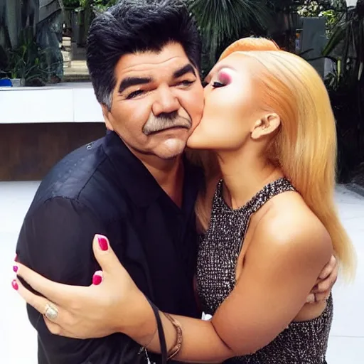 Prompt: george lopez kissing Hwasa. Loving smooch. Husband and wife. Lovely couple