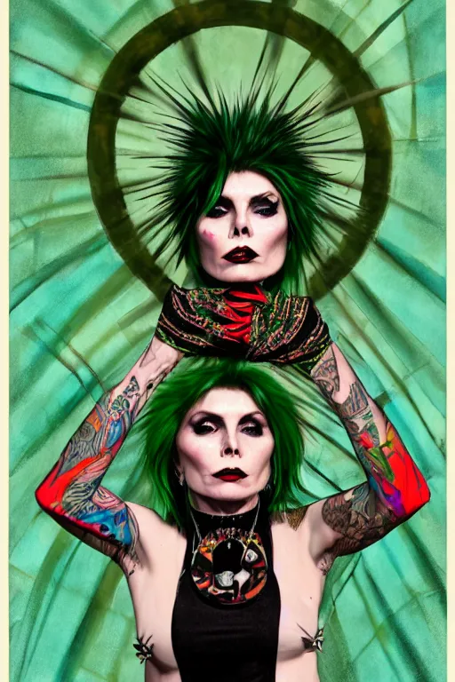 Prompt: portrait of debbie harry as a punk woman with green mohawk, neotraditional tattoos, fishnets, long tartan skirt as phoenix queen, feathers, wings, rainbow clothes,, sci - fi, intricate and very very beautiful and elegant, highly detailed, digital painting, artstation, smooth and sharp focus, illustration, art by tian zi and wlop and alphonse mucha