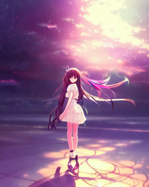 Image similar to anime style, vivid, expressive, full body, 4 k, painting, a cute magical girl with a long wavy black hair, stunning, realistic light and shadow effects, centered, simple background, studio ghibly makoto shinkai yuji yamaguchi