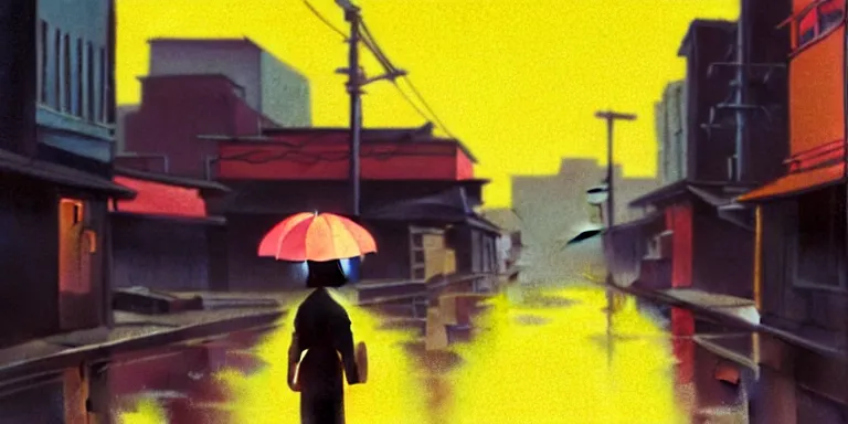 Image similar to an immaculate isometric cinematic keyframe matte painting of the silhouette of a young japanese girl standing in wide wet street 1 9 7 0 s vaporwave rust belt city at dusk with an oversized moon, just after the rain has cleared. by eric lafforgue, glennray tutor and edward hopper, greg rutkowski. trending on artstation.