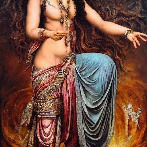 Image similar to Full body oil painting of the beautiful woman shraddha kapoor, she is wearing some withe ancient roman cloths and a surreal ornate, her hair is natural disheveled, she is approaching heaven, naturalism, dramatic lighting, high-detailed oil painting by Ilya Repin, Michelangelo da Caravaggio, William Blake, Alex Grey and Beksinski, trending on Artsatio, hystorical painting, masterpiece, 4k, 8k,