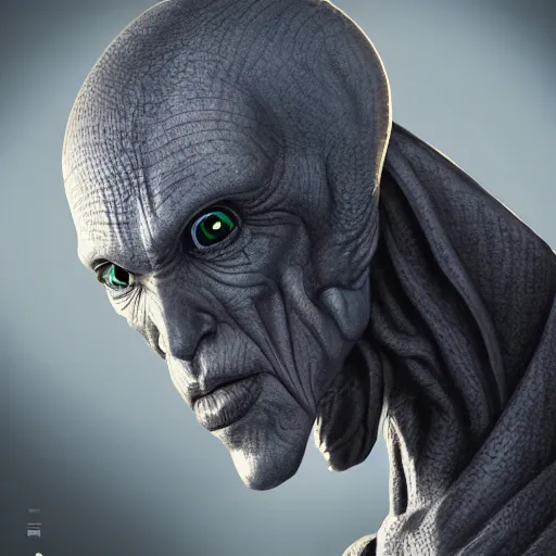 Image similar to portrait of a grey alien with technological jewelry, science fiction, menacing, confident, intricate, headshot, highly detailed, digital painting, artstation, concept art, sharp focus, cinematic lighting, illustration, cgsociety