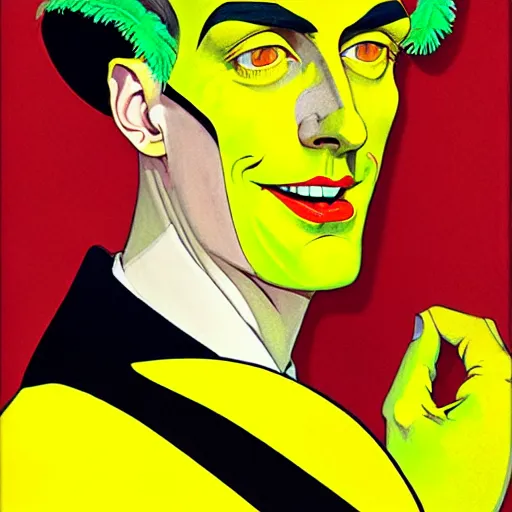 Prompt: art by joshua middleton, the yellow creeper, a tall manically smiling yellow - skinned man with green and black striped cycling shorts and wearing a long red and black striped ostrich feather boa, yellow makeup, mucha, kandinsky, poster, art deco motifs, comic art, stylised design, scarlet feather boa