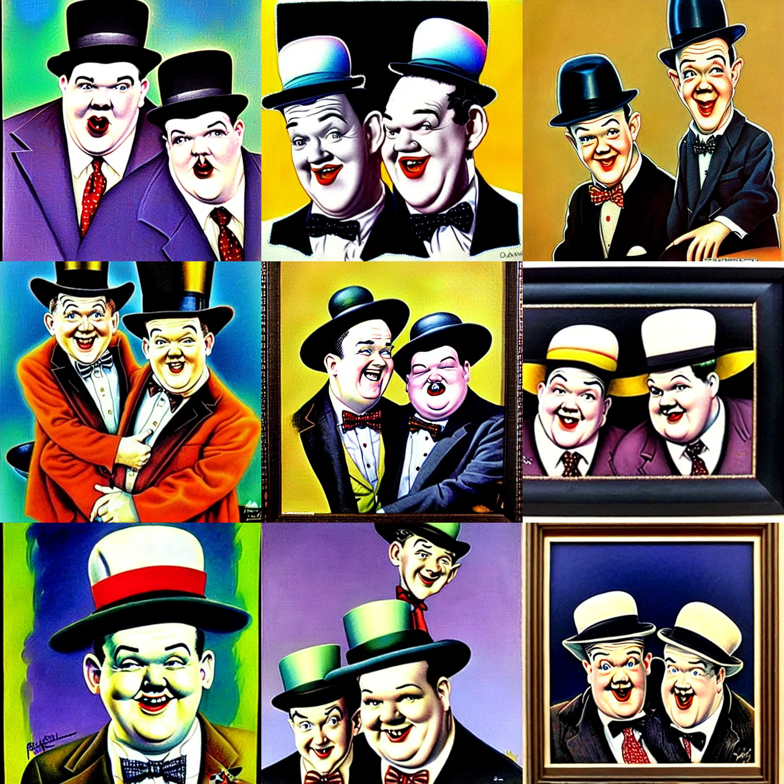 Prompt: A portrait of Stan Laurel and Oliver Hardy in hats by Frank Kelly Freas