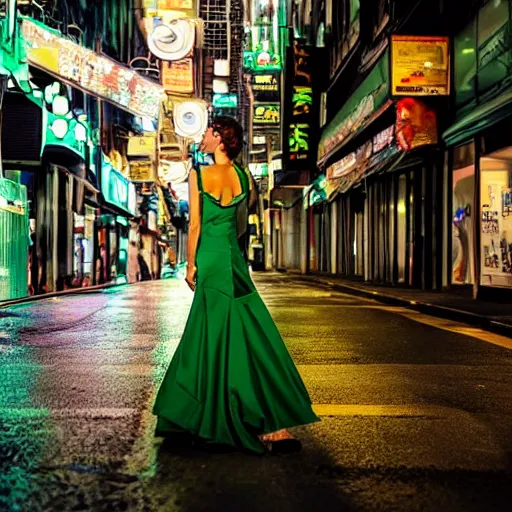 Image similar to a beautiful woman in a green dress standing on a bustling cyberpunk city street at night
