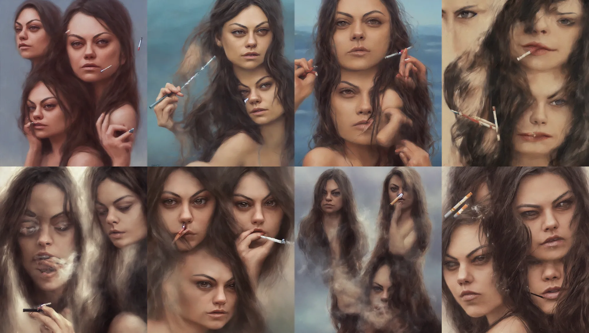 Image similar to winking mila kunis smoking a cigarette closeup portrait, dramatic light, lake background, 2 0 0 mm focal length, 1 9 7 0 s, painted by stanley lau, painted by greg rutkowski, painted by stanley artgerm, digital art, trending on artstation