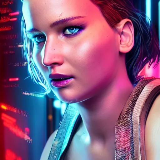 Image similar to jennifer lawrence portrait, cyberpunk 2 0 7 7, cyberpunk judy alvarez, photorealistic, ultra detailed, neon, octane, bokeh, cinematic lighting, cyber, cyberpunk city, studio quality, feature, scars, cyberface, 8 k