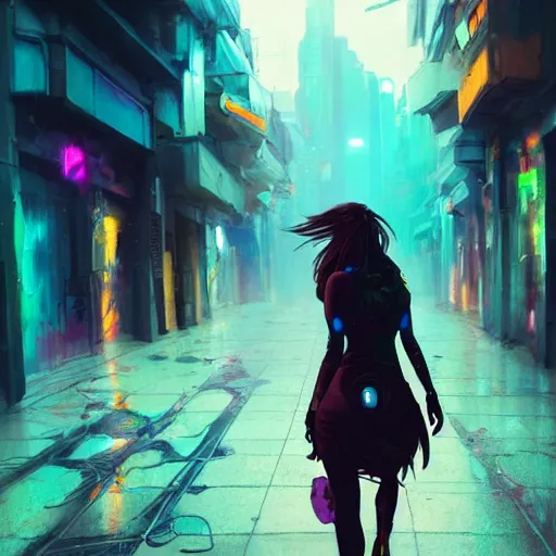 Image similar to a beautiful picture of a girl walking in a cyberpunk street by aurahack and greg rutkowski, low angle shot, cinematic, colorful, trending on artstation