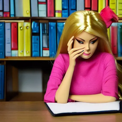 Image similar to a tired!!!!! and sad!!!!! looking barbie doll sits at a desk in her office. she is surrounded by towers!!!!!!!!!!!!! of loose papers!!!!!!!!!!!!!!. her head is resting on her hand, photorealistic,