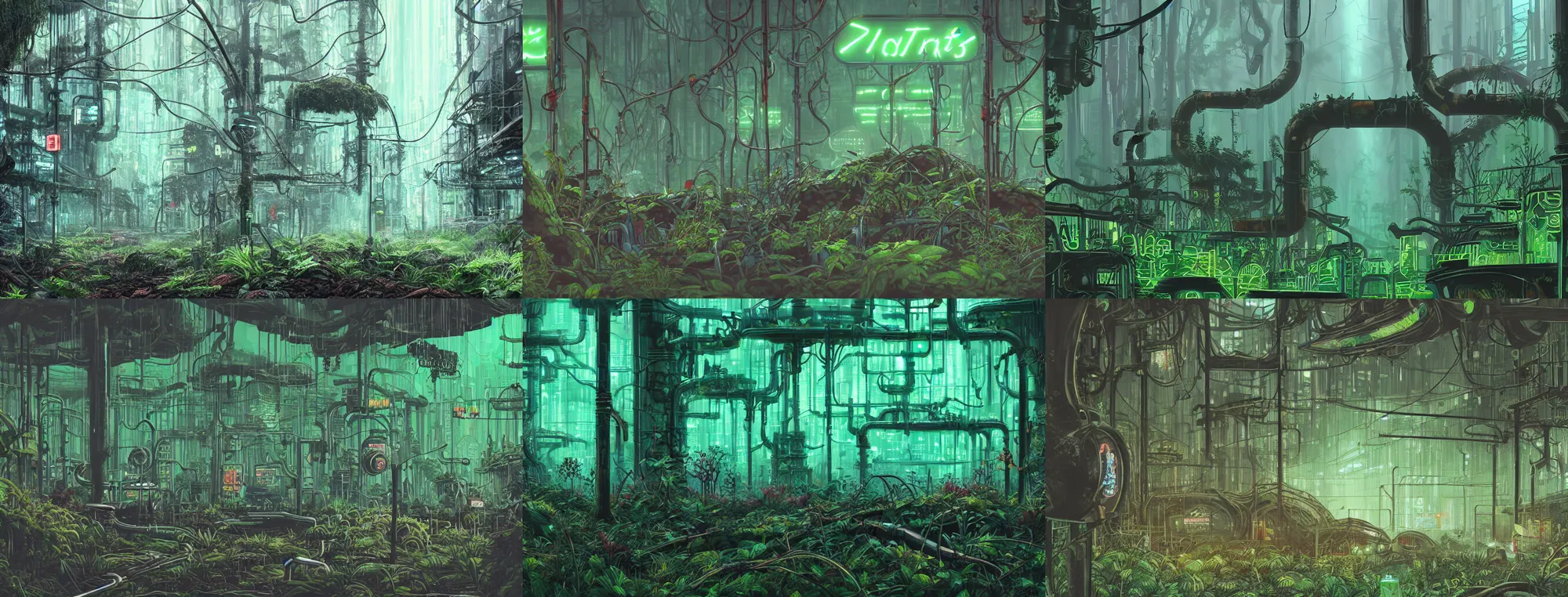Prompt: plants growing out of old rusty pipes in a primeval forest, green neon signs, ground covered in mist, detailed cyberpunk illustration